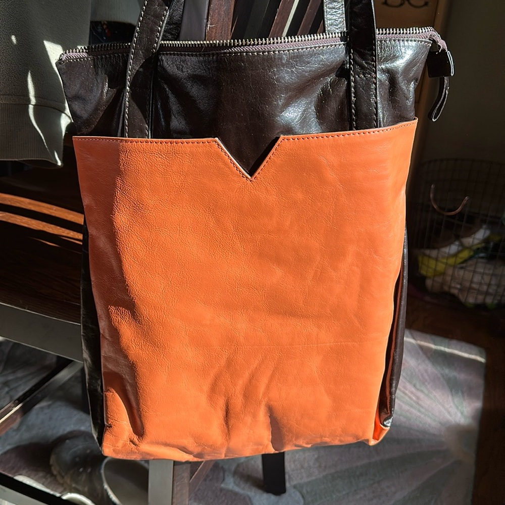 Latico Leather color block Ingrid tote salmon espresso